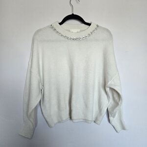 H&M White Sweater with Embellished Neckline